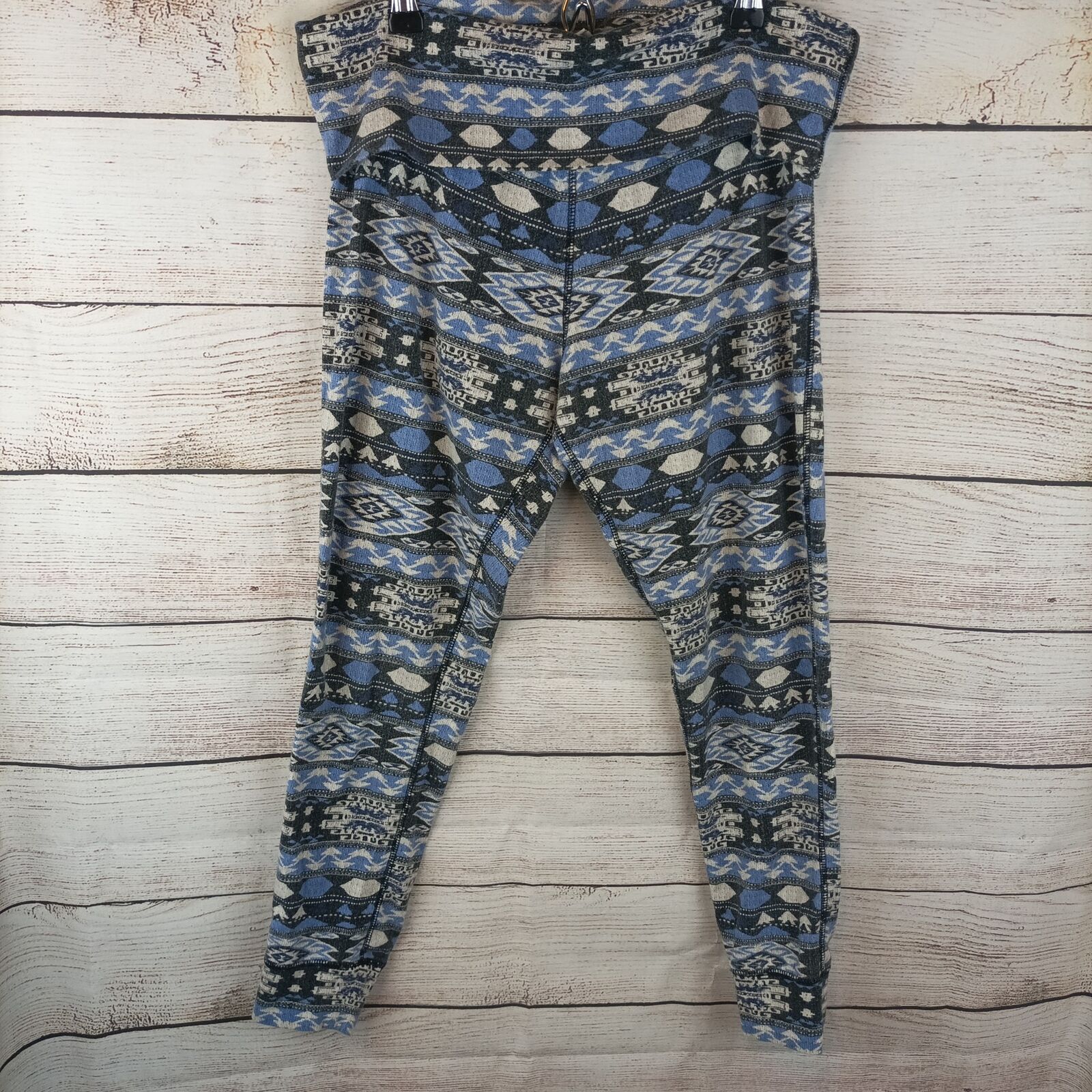 Lucky Lotus Womens Leggings Joggers M Aztec Boho Blue Black White